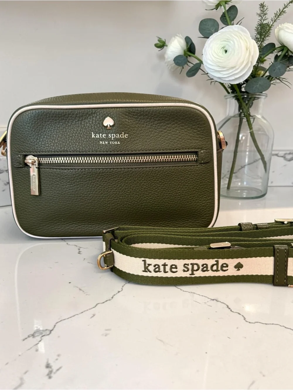Kate Spade Emma Olive Green Pebbled Leather Camera Crossbody Bag